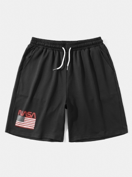 Heren Nasa Label Leisure Zwarte Elastische Taille Short Met Zijvak