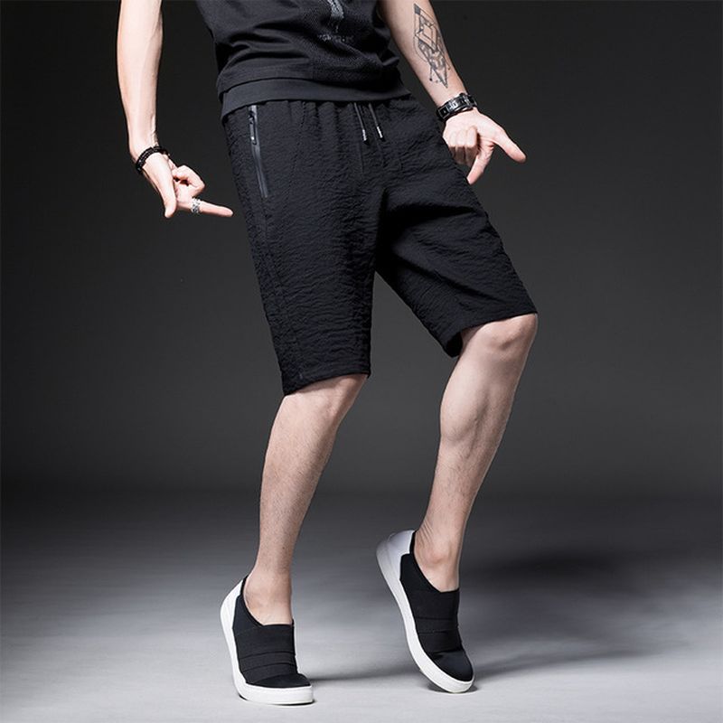 Heren Quarter Zipper Pocket Thin Section Five Pants Season Pure Black Shorts