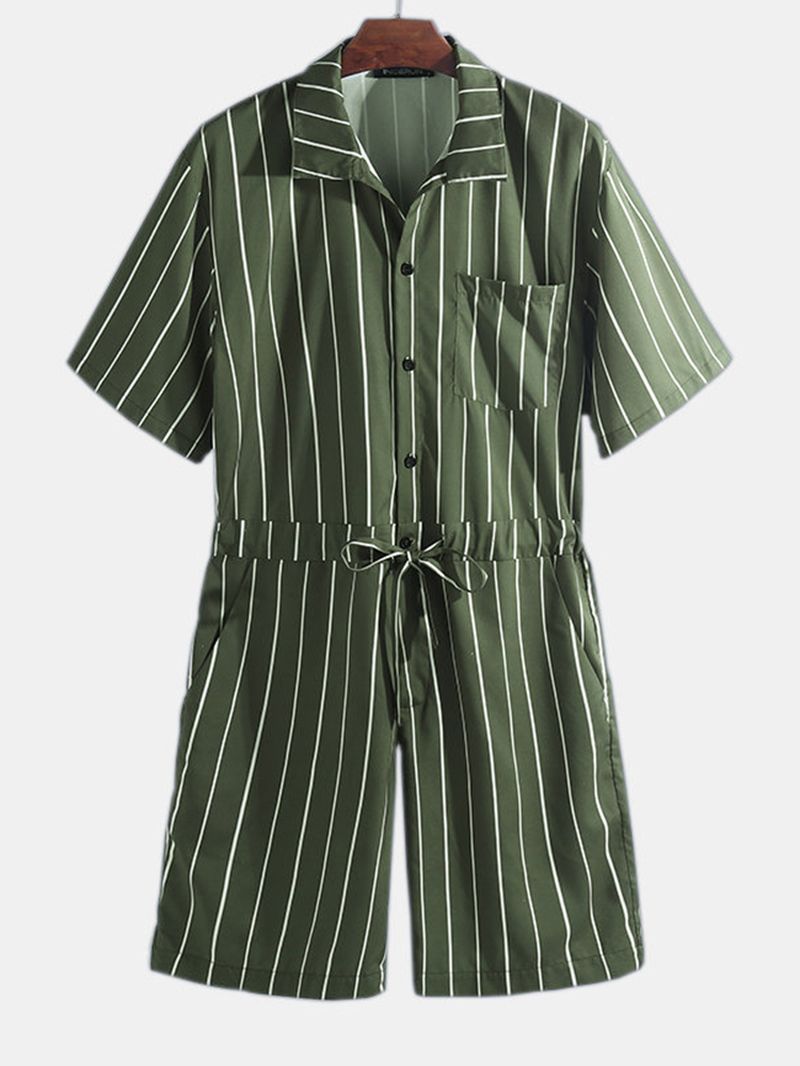 Heren Vintage Gestreepte Rompertjes Set Korte Mouw Onesie Mode Jumpsuit