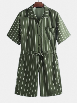 Heren Vintage Gestreepte Rompertjes Set Korte Mouw Onesie Mode Jumpsuit