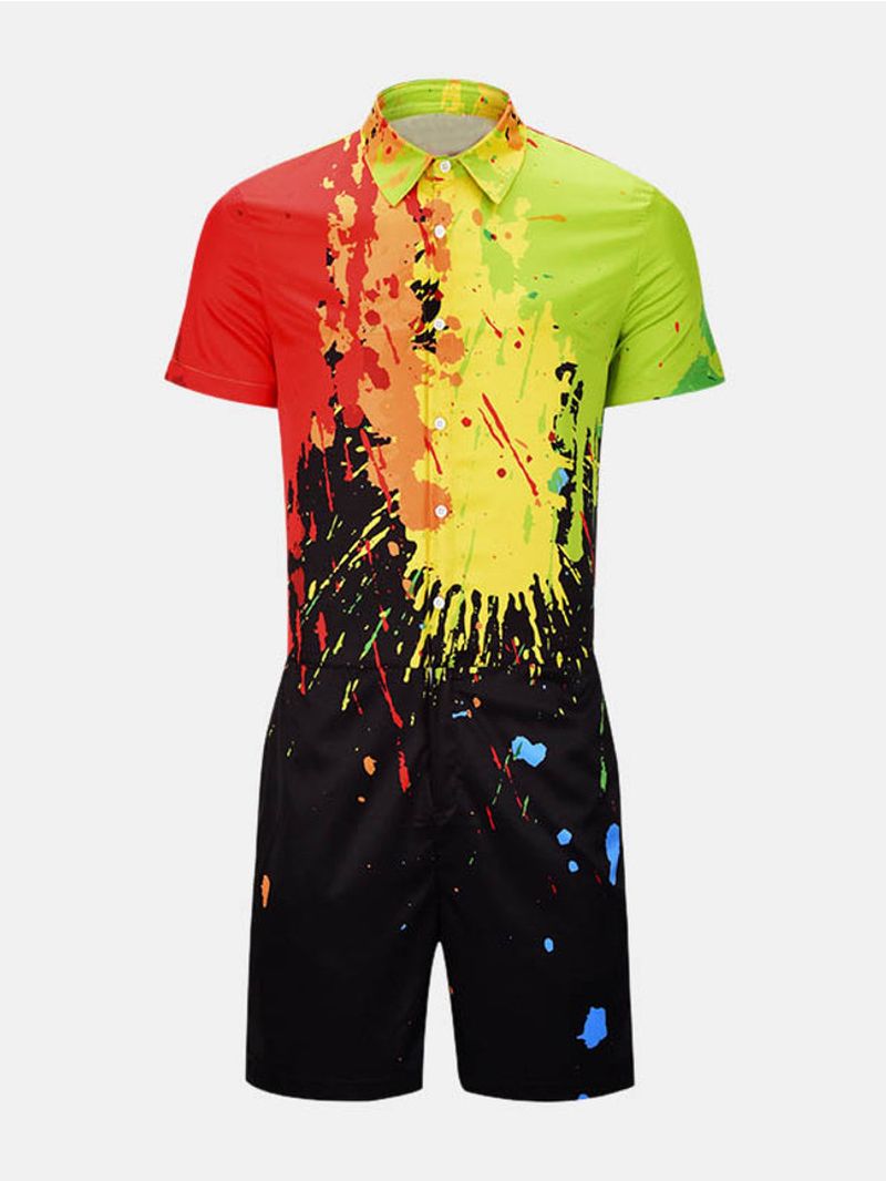 Jumpsuit Voor Heren Met Splash-inktprint En Korte Mouwen