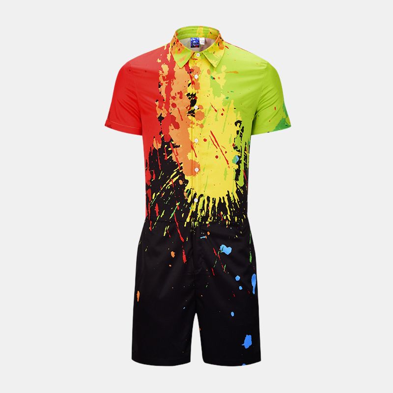 Jumpsuit Voor Heren Met Splash-inktprint En Korte Mouwen