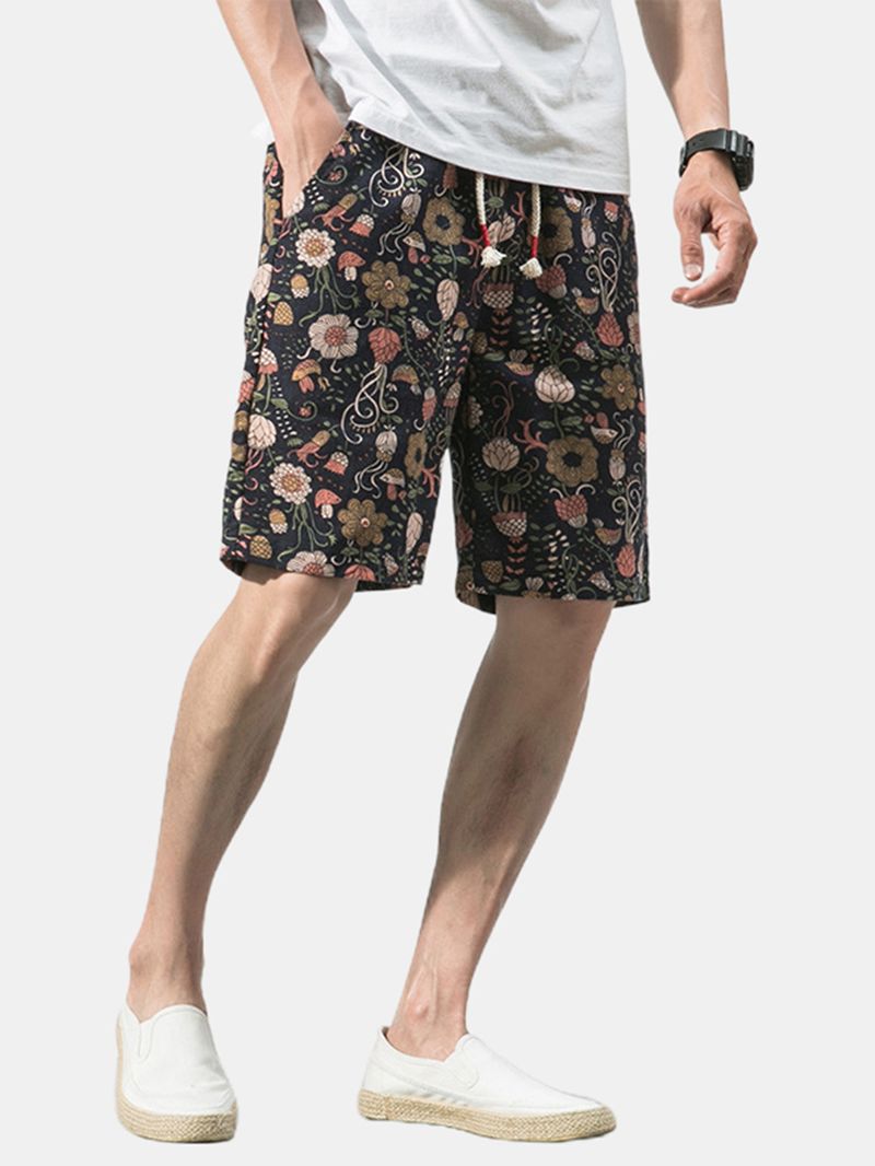 Katoenen Heren Casual Shorts Met Bloemenprint En Trekkoord