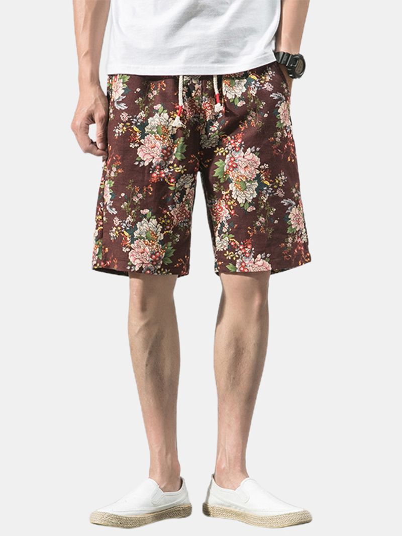 Katoenen Heren Casual Shorts Met Bloemenprint En Trekkoord