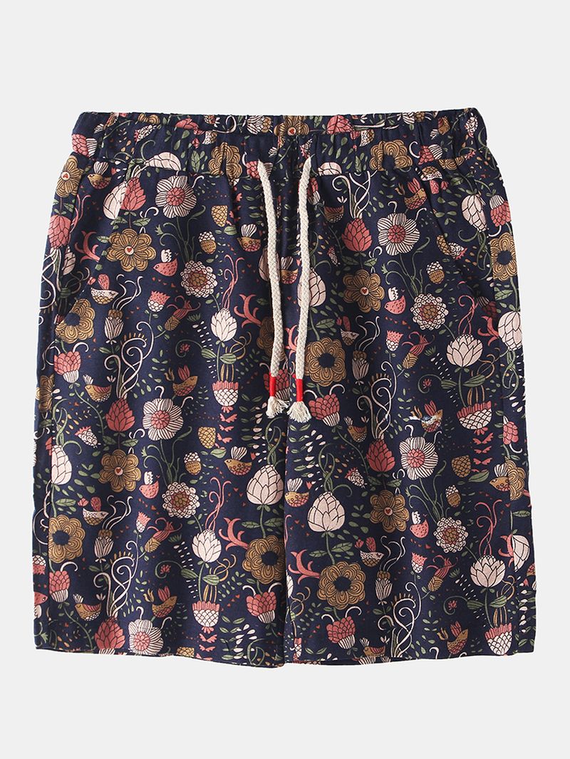 Katoenen Heren Casual Shorts Met Bloemenprint En Trekkoord