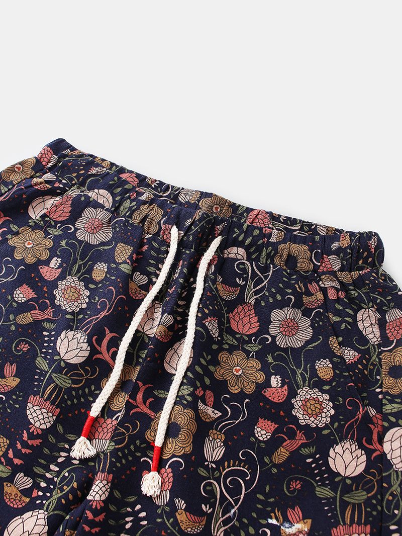 Katoenen Heren Casual Shorts Met Bloemenprint En Trekkoord