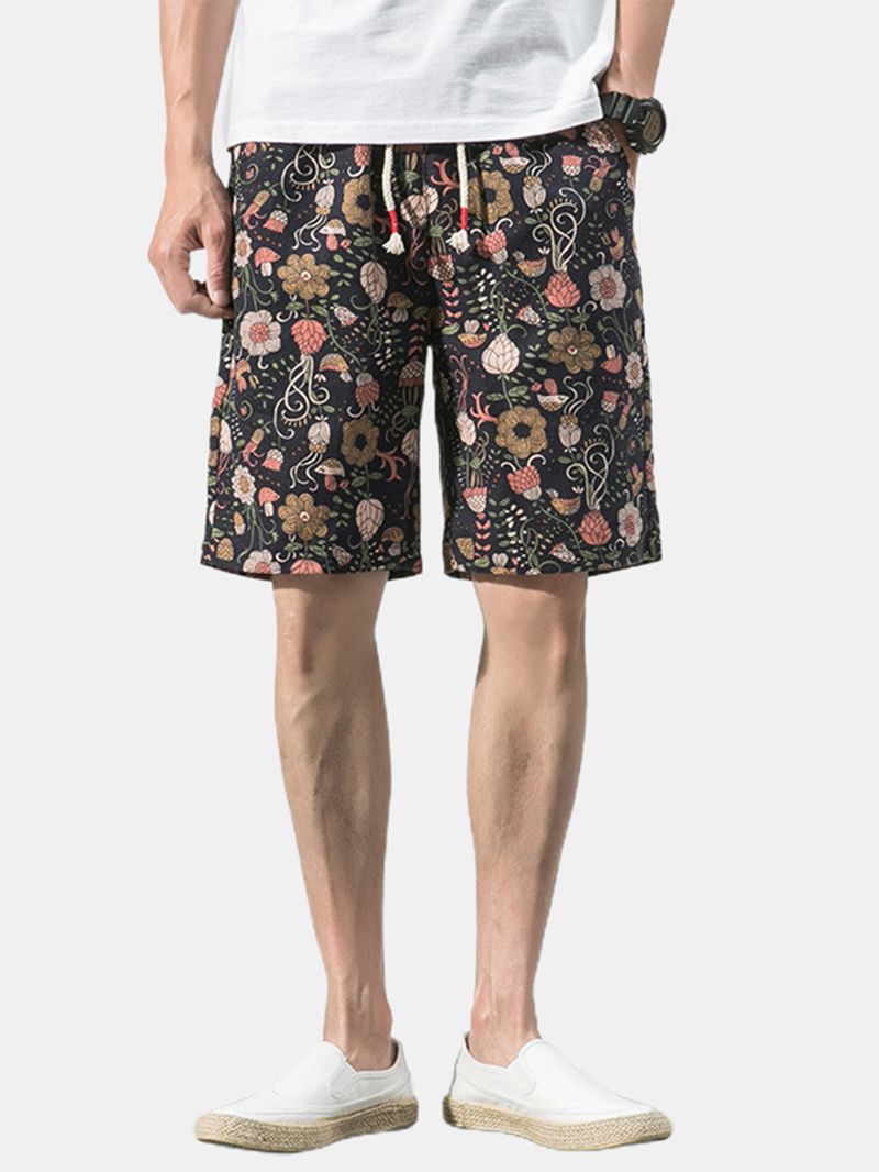 Katoenen Heren Casual Shorts Met Bloemenprint En Trekkoord