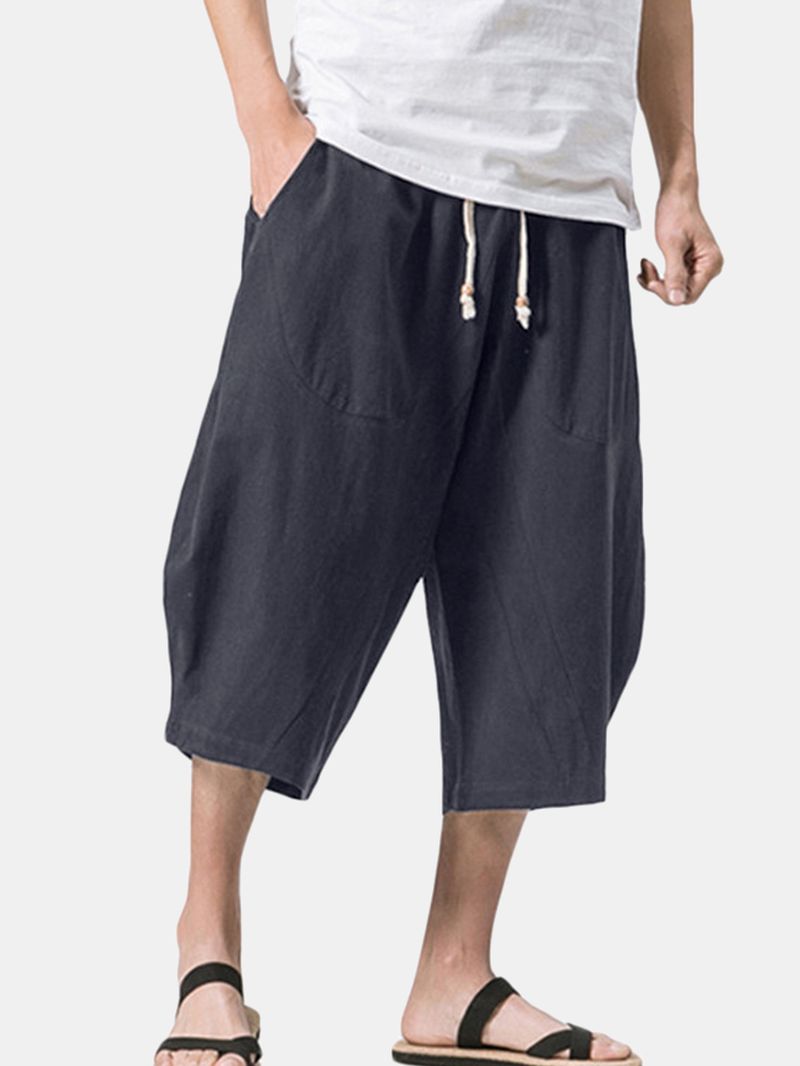 Stijlvolle Heren Katoenen Linnen Baggy Losse Kuitlengte Broek Antibacteriële Casual Shorts