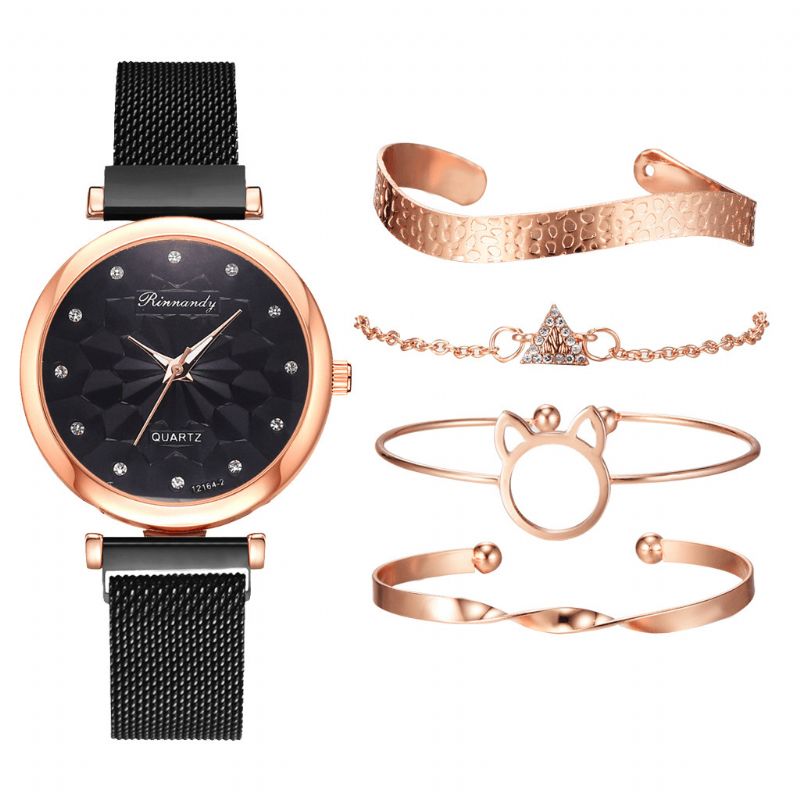 5 Pcs Combinatie Dames Armband Horloge Set Bloem Wijzerplaat Mesh Stalen Band Quartz Horloge