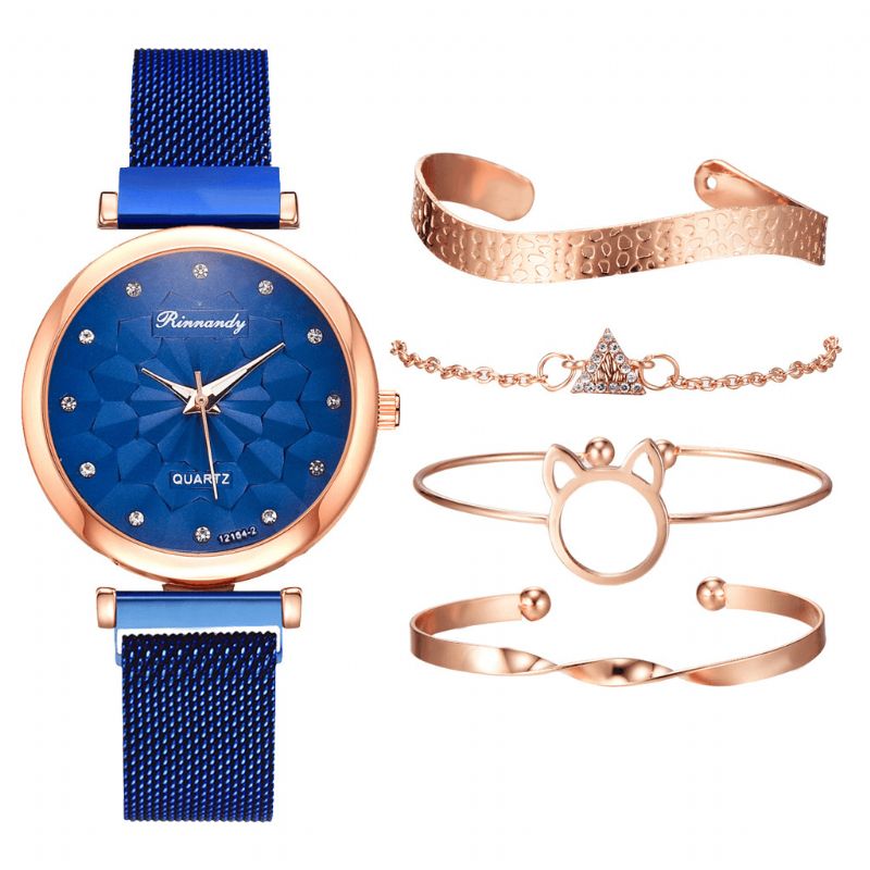 5 Pcs Combinatie Dames Armband Horloge Set Bloem Wijzerplaat Mesh Stalen Band Quartz Horloge