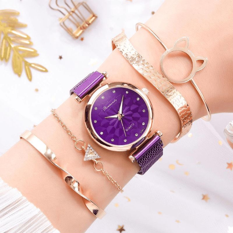 5 Pcs Combinatie Dames Armband Horloge Set Bloem Wijzerplaat Mesh Stalen Band Quartz Horloge