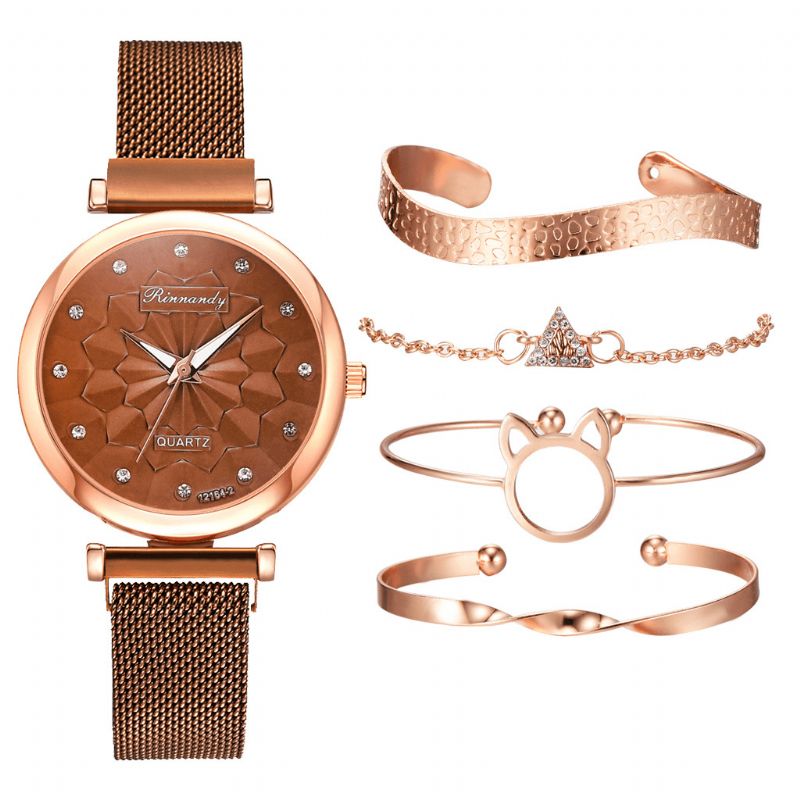 5 Pcs Combinatie Dames Armband Horloge Set Bloem Wijzerplaat Mesh Stalen Band Quartz Horloge