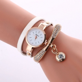 Casual Dameshorloge Lederen Band Strass Metalen Decoratieve Cirkel Hanger Multi-layer Quartz Horloge