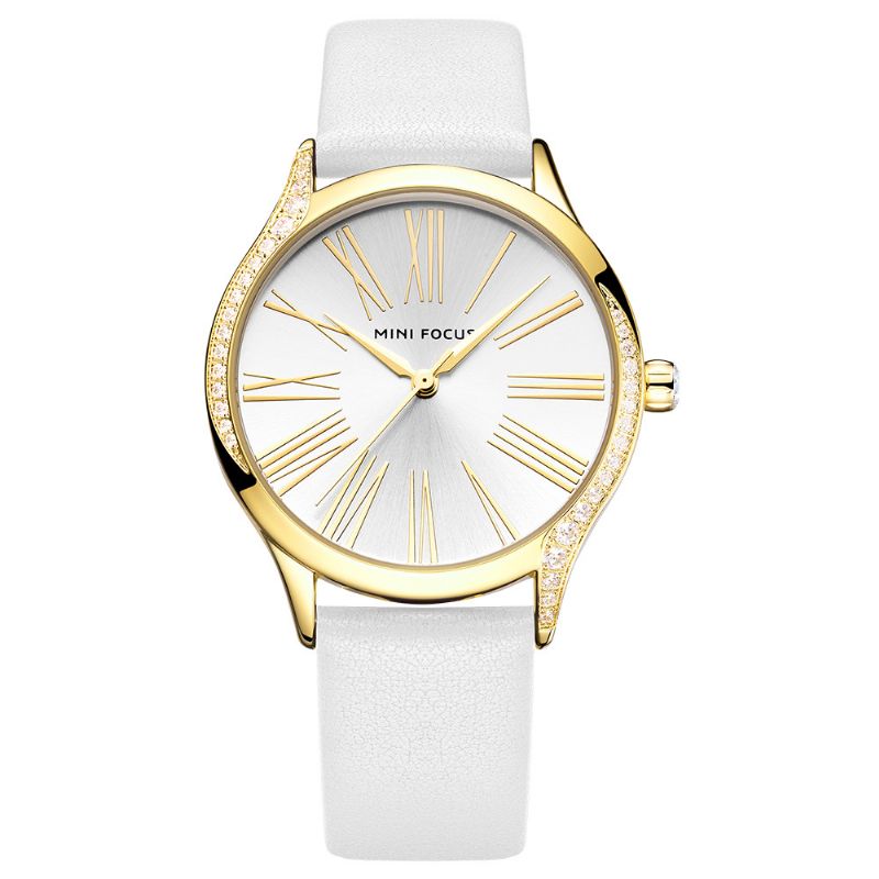 Casual Stijl Glanzend Dames Polshorloge Lederen Band Quartz Horloge