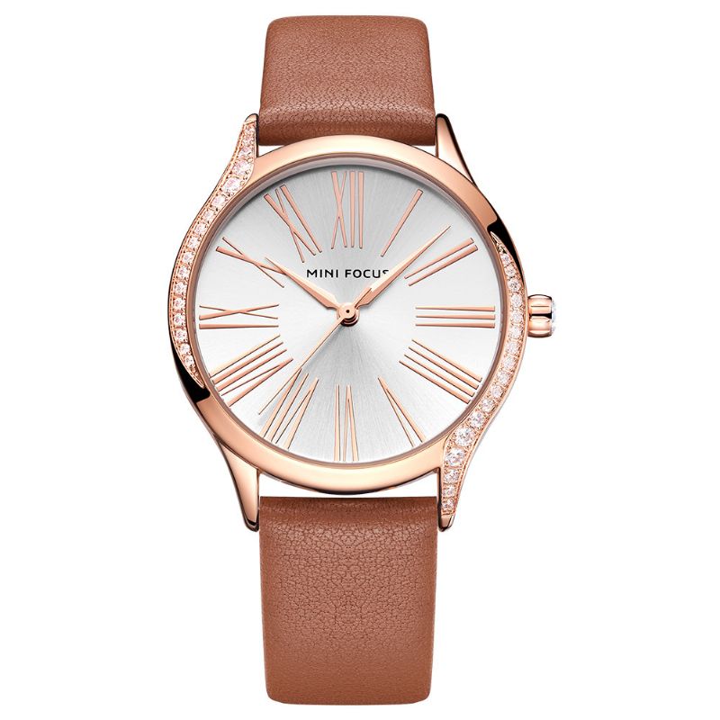 Casual Stijl Glanzend Dames Polshorloge Lederen Band Quartz Horloge