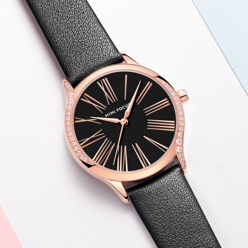 Casual Stijl Glanzend Dames Polshorloge Lederen Band Quartz Horloge