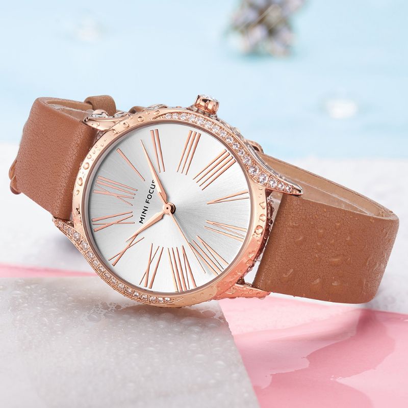 Casual Stijl Glanzend Dames Polshorloge Lederen Band Quartz Horloge