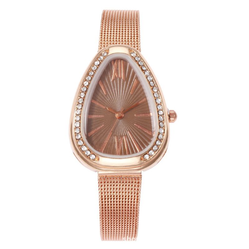 Crystal Case Triangle Dial Simple Design Full Stell Mesh Belt Dames Quartz Horloge