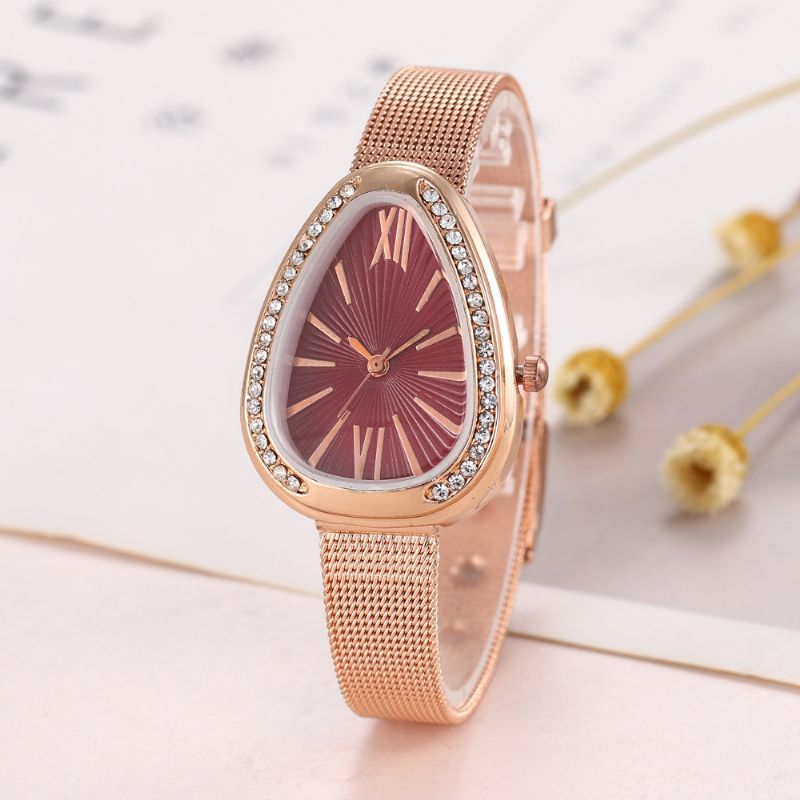 Crystal Case Triangle Dial Simple Design Full Stell Mesh Belt Dames Quartz Horloge