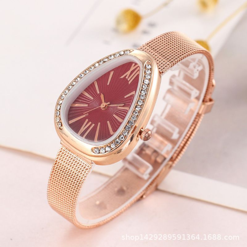 Crystal Case Triangle Dial Simple Design Full Stell Mesh Belt Dames Quartz Horloge