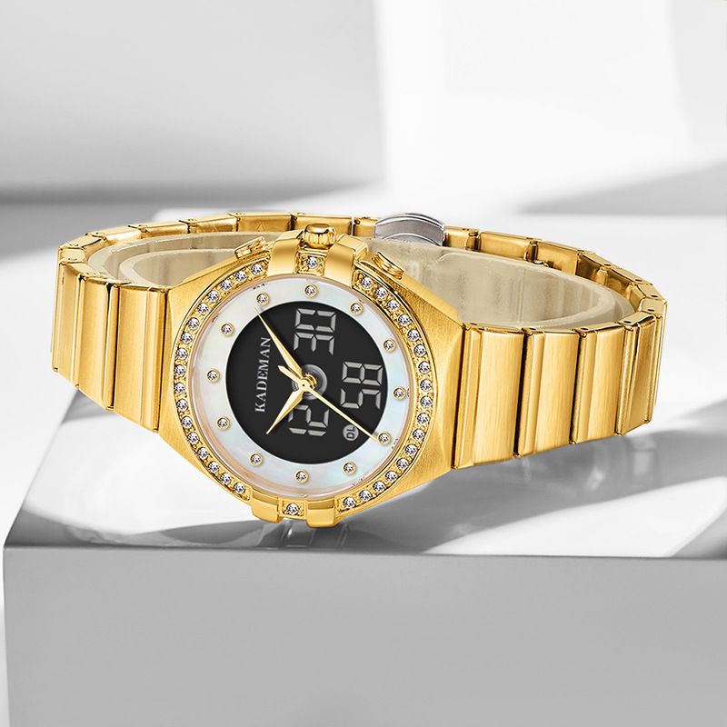 Crystal Elegant Design Dual Display Horloge Volledig Stalen Dames Quartz Horloge