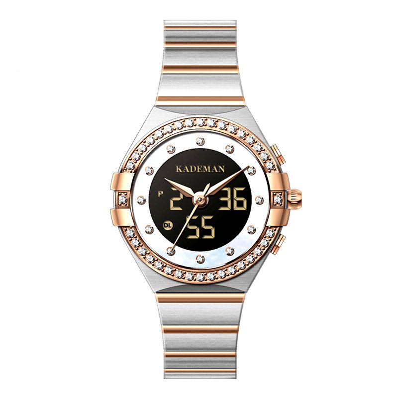 Crystal Elegant Design Dual Display Horloge Volledig Stalen Dames Quartz Horloge