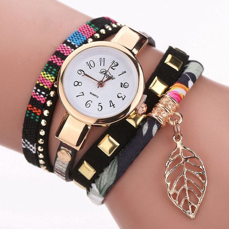 Dames Armband Horloge Blad Stof Retro Stijl Quartz Horloges