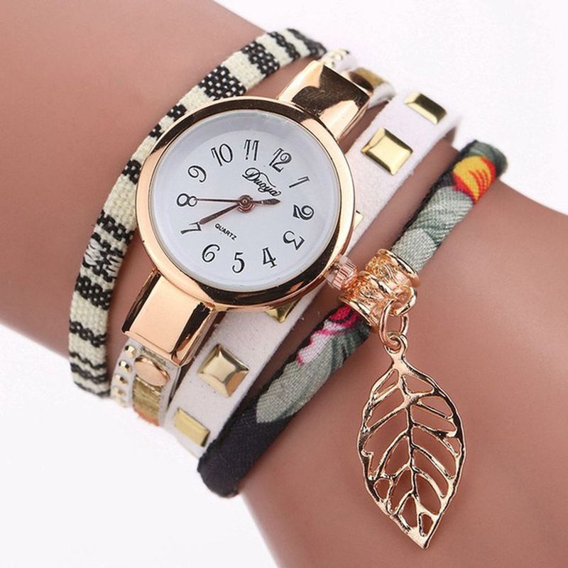 Dames Armband Horloge Blad Stof Retro Stijl Quartz Horloges