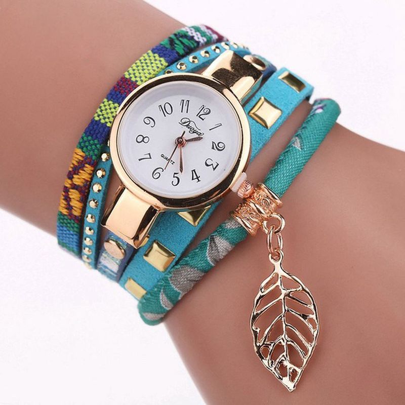 Dames Armband Horloge Blad Stof Retro Stijl Quartz Horloges