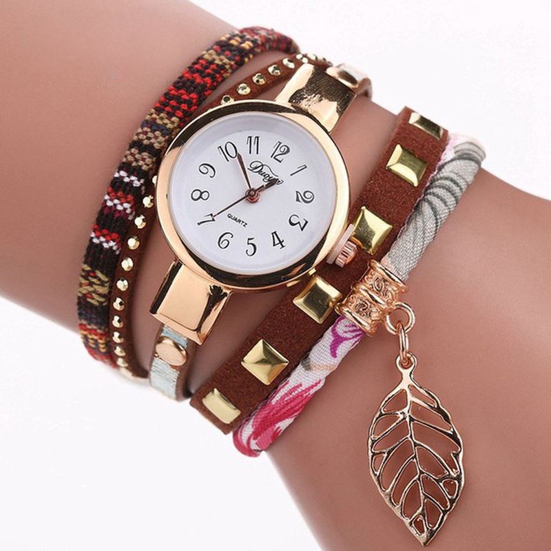 Dames Armband Horloge Blad Stof Retro Stijl Quartz Horloges