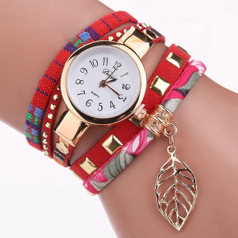 Dames Armband Horloge Blad Stof Retro Stijl Quartz Horloges