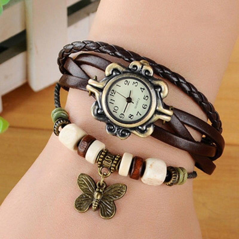 Dames Casual Vintage Multilayer Vlinder Kunstleer Armband Quartz Horloge