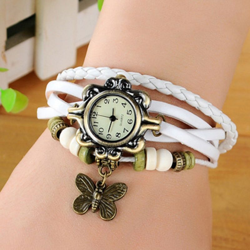 Dames Casual Vintage Multilayer Vlinder Kunstleer Armband Quartz Horloge