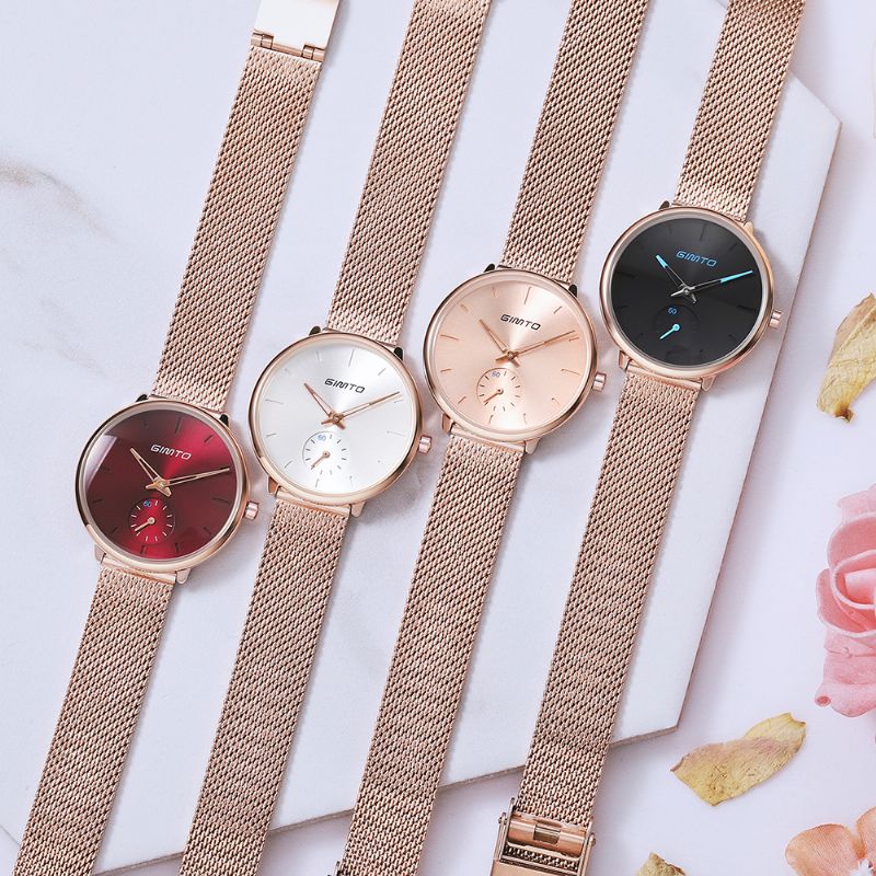 Eenvoudig Twee-pins Ontwerp Wijzerplaat Rose Goud Mesh Stalen Band Mode Dames Quartz Horloge