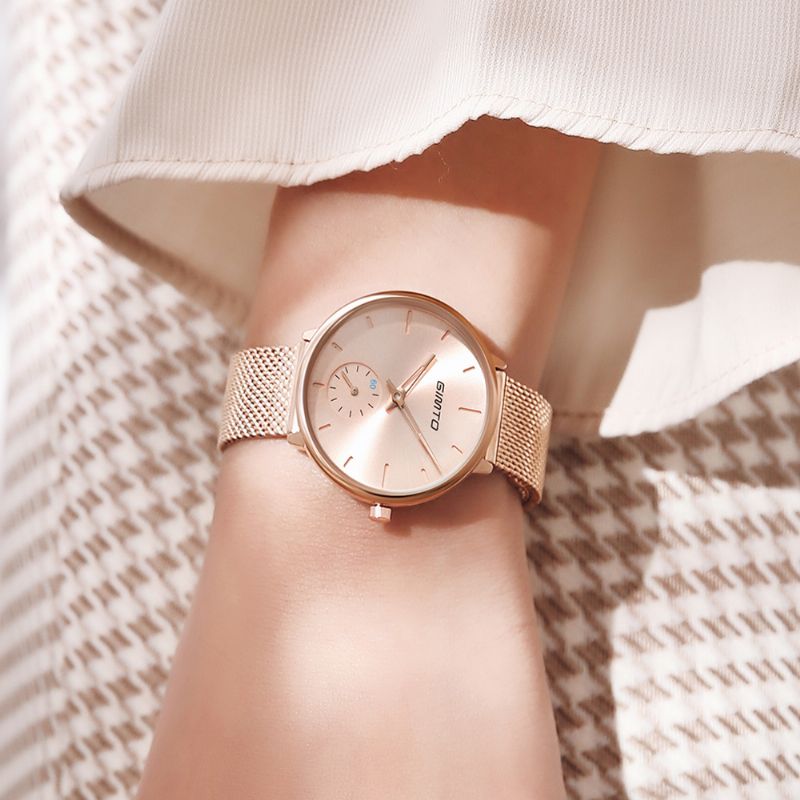 Eenvoudig Twee-pins Ontwerp Wijzerplaat Rose Goud Mesh Stalen Band Mode Dames Quartz Horloge