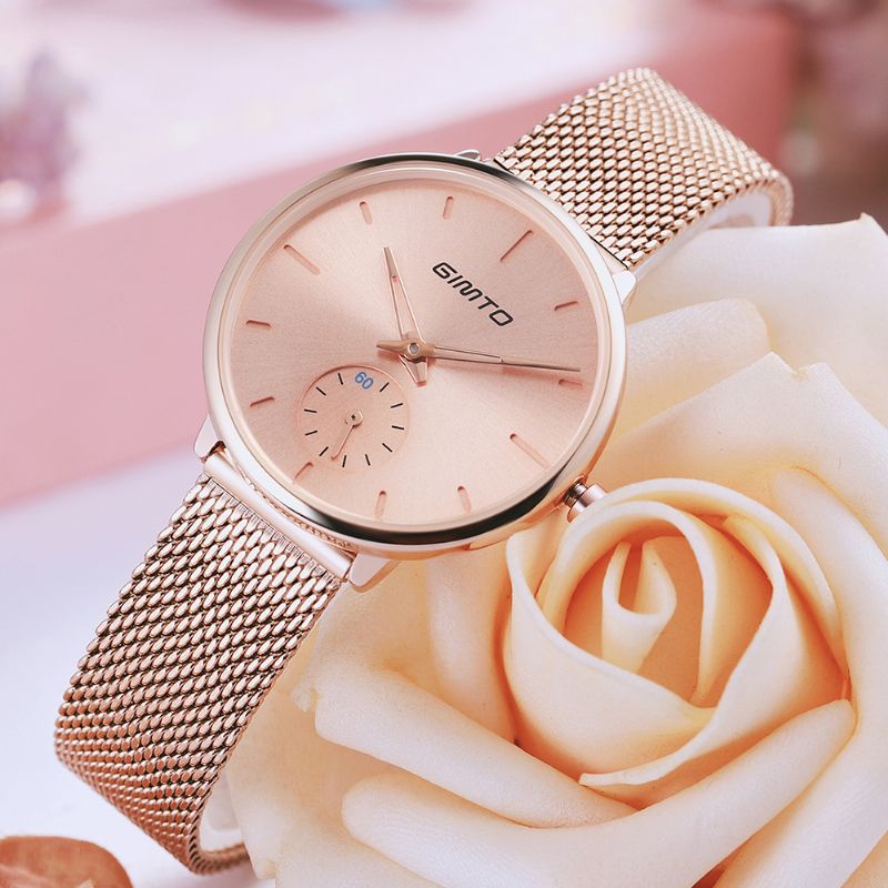 Eenvoudig Twee-pins Ontwerp Wijzerplaat Rose Goud Mesh Stalen Band Mode Dames Quartz Horloge