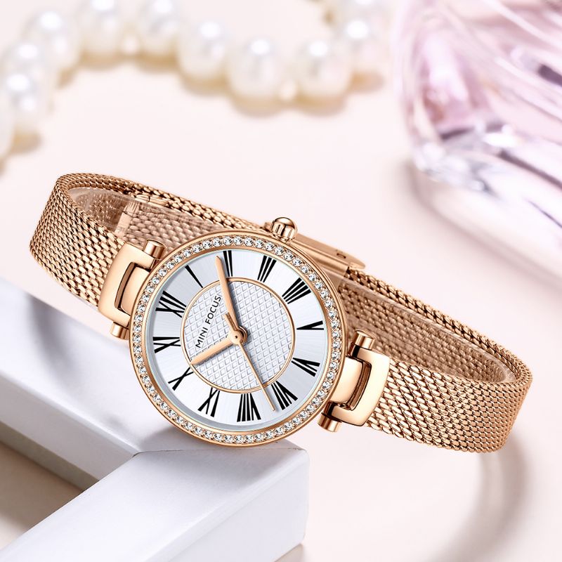 Elegante Dameshorloge Mode Casual Stalen Band Kristal Waterdicht Quartz Horloge