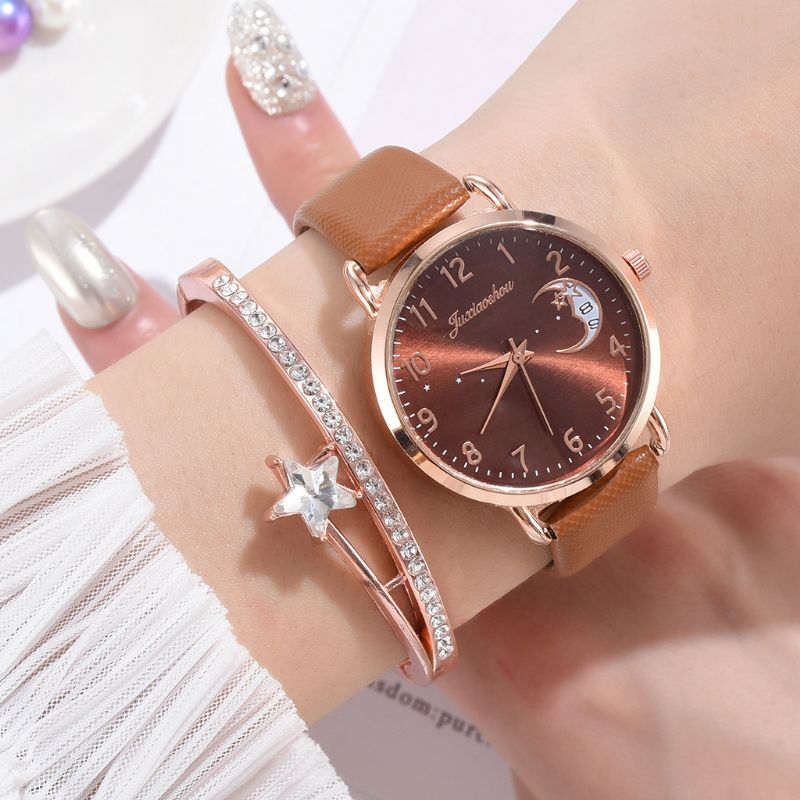 Elegante Luxe 2 Stuks Horloge Set Vrouwen Armband Quartz Horloge Maan Sterrenhemel Wijzerplaat Lederen Band Dames Gift