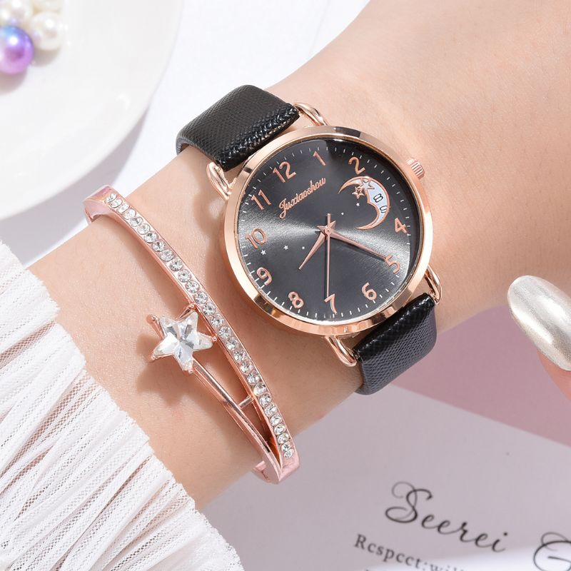 Elegante Luxe 2 Stuks Horloge Set Vrouwen Armband Quartz Horloge Maan Sterrenhemel Wijzerplaat Lederen Band Dames Gift