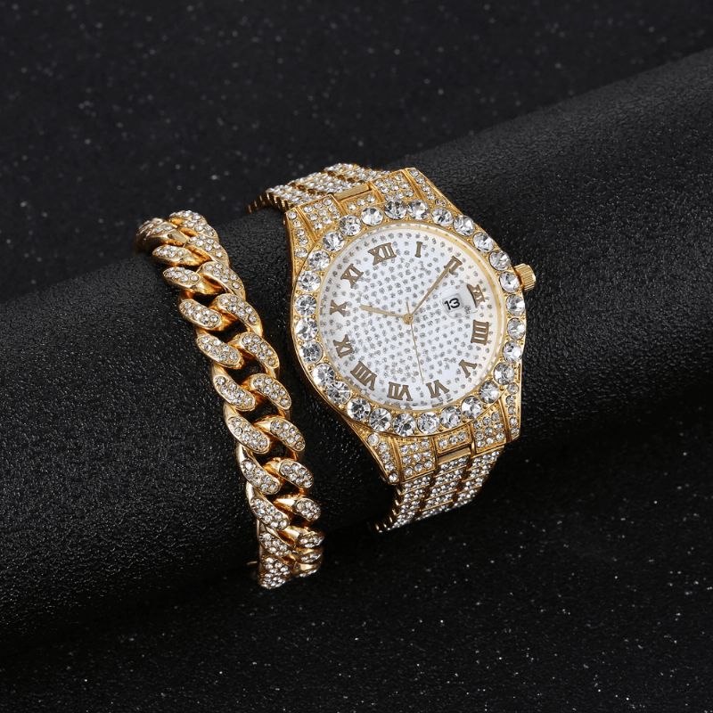 Hip Hop Luxe 2 Stuks Hiphop Chain Volledige Diamond Horloge Armband Lady Quartz Horloge