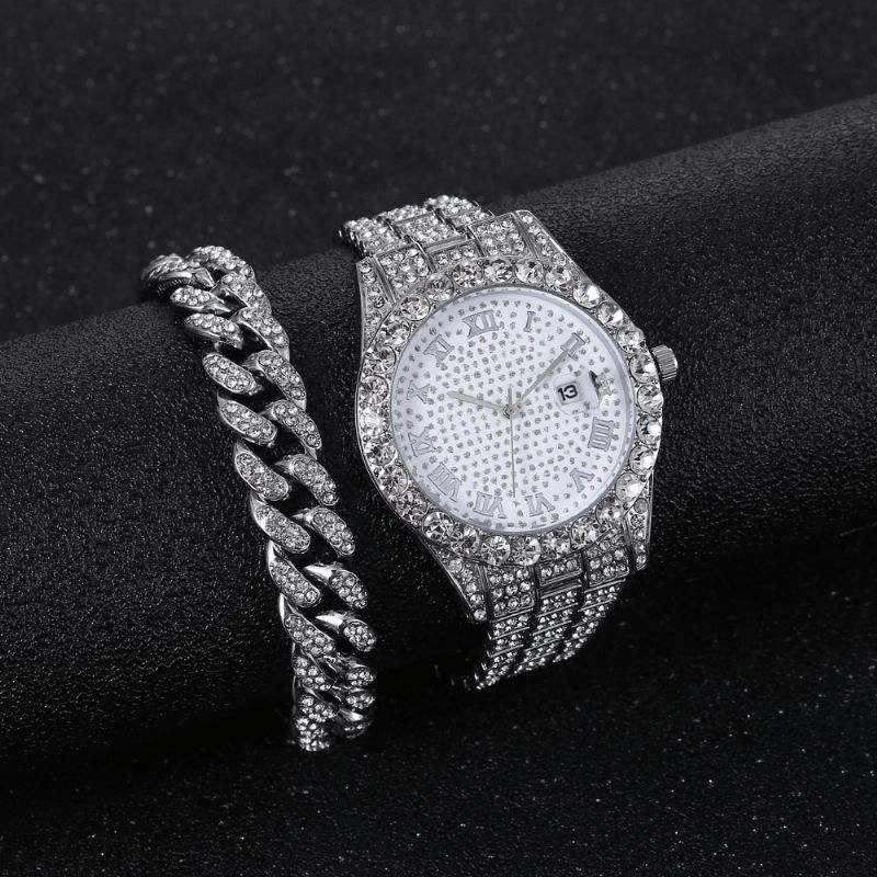 Hip Hop Luxe 2 Stuks Hiphop Chain Volledige Diamond Horloge Armband Lady Quartz Horloge