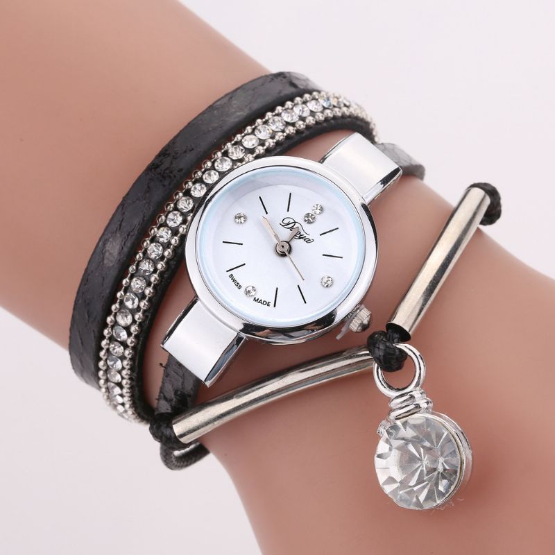 Kristallen Hanger Dames Armband Horloge Retro Stijl Lederen Band Quartz Horloge