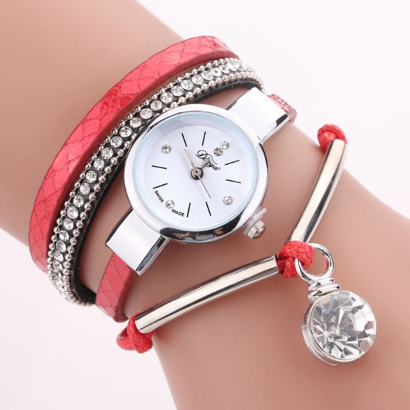 Kristallen Hanger Dames Armband Horloge Retro Stijl Lederen Band Quartz Horloge