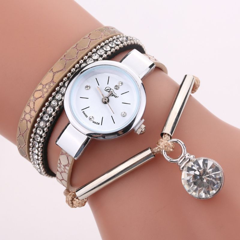 Kristallen Hanger Dames Armband Horloge Retro Stijl Lederen Band Quartz Horloge