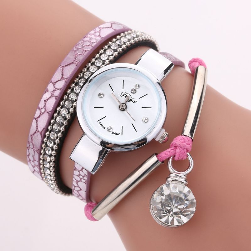 Kristallen Hanger Dames Armband Horloge Retro Stijl Lederen Band Quartz Horloge