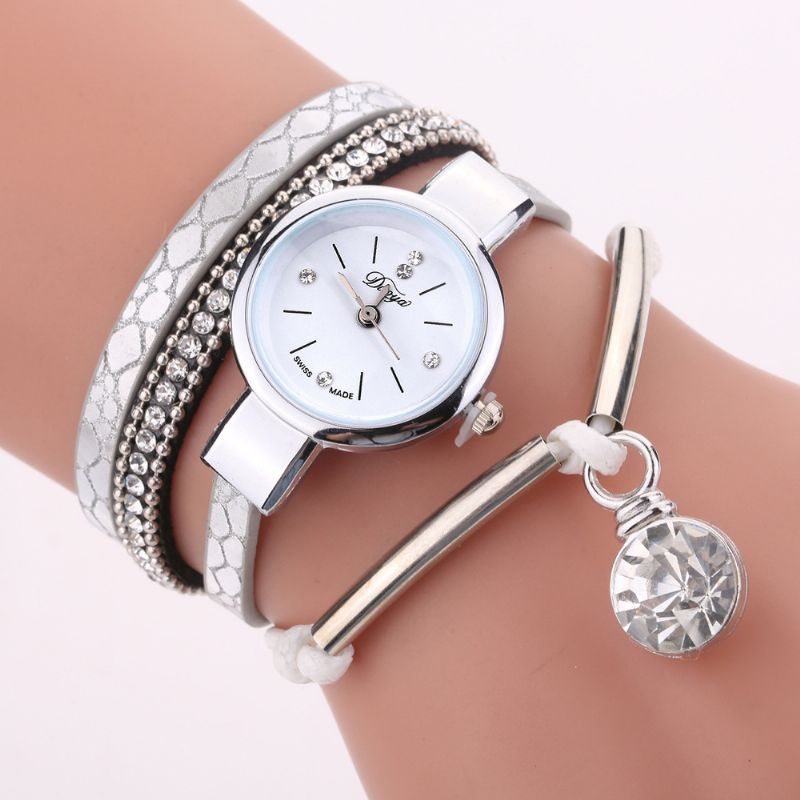 Kristallen Hanger Dames Armband Horloge Retro Stijl Lederen Band Quartz Horloge