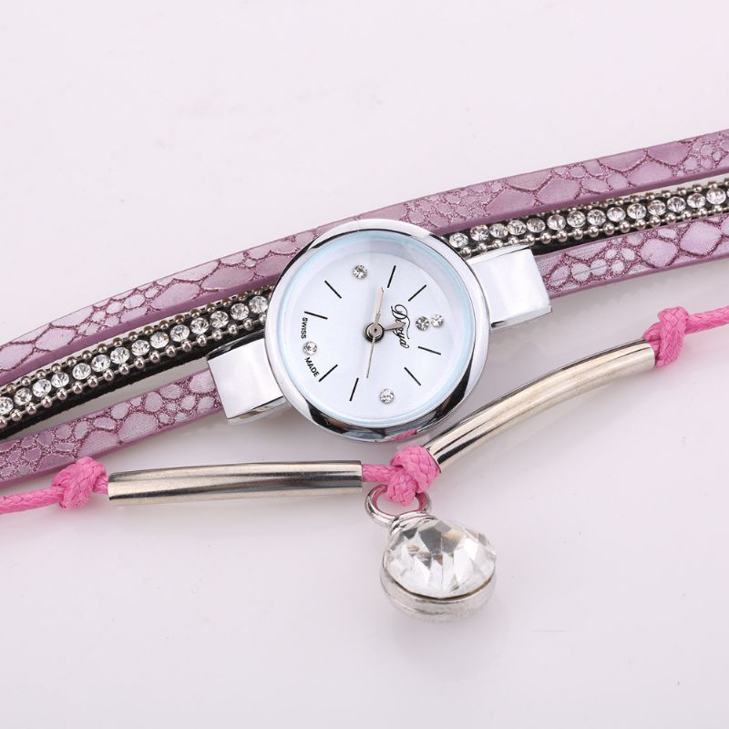 Kristallen Hanger Dames Armband Horloge Retro Stijl Lederen Band Quartz Horloge