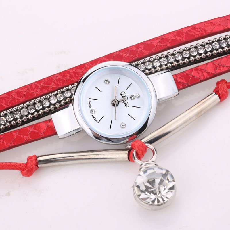 Kristallen Hanger Dames Armband Horloge Retro Stijl Lederen Band Quartz Horloge