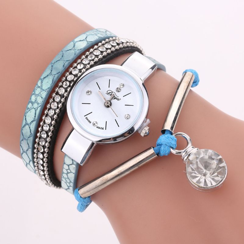 Kristallen Hanger Dames Armband Horloge Retro Stijl Lederen Band Quartz Horloge