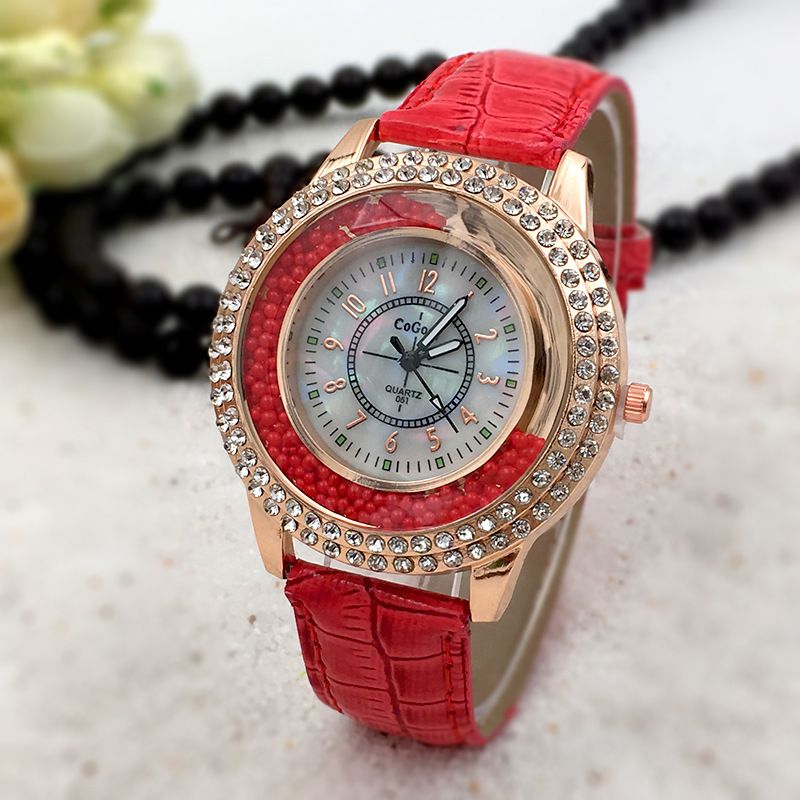 Mode Dames Jurk Kleurrijke Lederen Band Crystal Dames Quartz Horloge